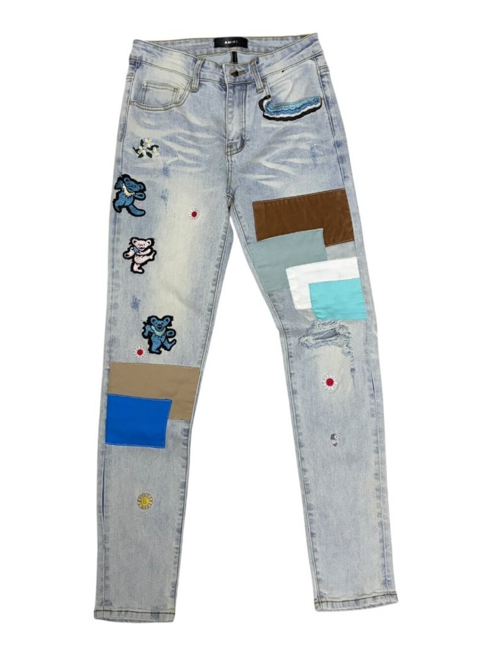 AMIRI Grateful Dead Skinny Jeans Patchwork Light Wash Designer Denim Mens 29x32